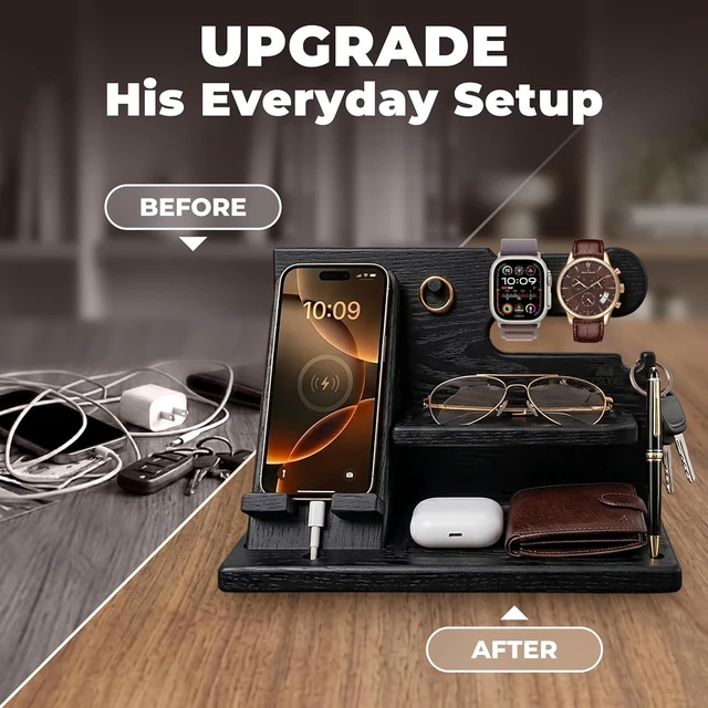 Alt view image 3 of 7 - TESLYAR Wood Phone Docking Station for Men - Desk or Nightstand Organizer - Birthday Gifts for Husband, Dad - Anniversary Idea from Wife - Key Holder, Stand Wallet, Watch & Essentials (Granite Black)