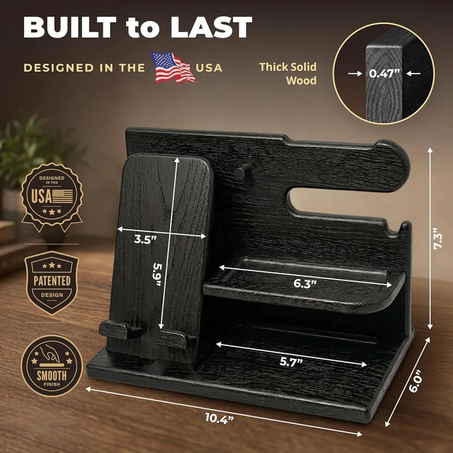 Alt view image 5 of 7 - TESLYAR Wood Phone Docking Station for Men - Desk or Nightstand Organizer - Birthday Gifts for Husband, Dad - Anniversary Idea from Wife - Key Holder, Stand Wallet, Watch & Essentials (Granite Black)