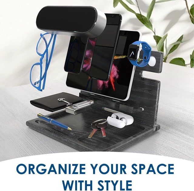 Alt view image 4 of 6 - BarvA Two Phone Docking Station | Night Stand Desk Organizer | Wood Nightstand Organizer | Tablet Smart Watch Earbuds Charging Station | Upgraded Dresser Phone Stand | Bed Room Decor Gifts for Men