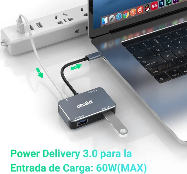 Alt view image 4 of 6 - atolla USB C Hub Aluminum 4-in-1 USB C Adapter with 3 USB 3.0 Ports & 60W Power Delivery Port for MacBook Pro/Air, iPad Pro, Chromebook, Dell and More