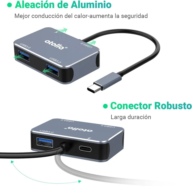 Alt view image 6 of 6 - atolla USB C Hub Aluminum 4-in-1 USB C Adapter with 3 USB 3.0 Ports & 60W Power Delivery Port for MacBook Pro/Air, iPad Pro, Chromebook, Dell and More