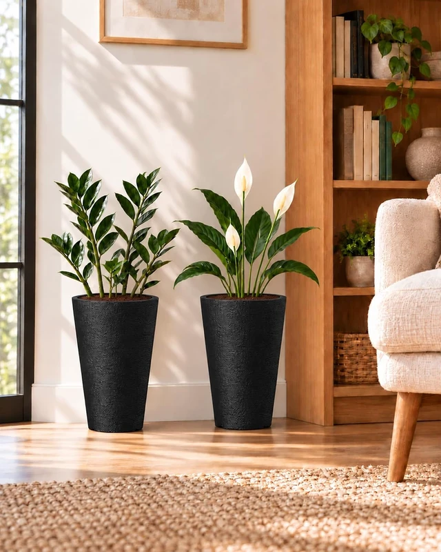 Alt view image 2 of 7 - Kante Set of 2 Black Tapered Planters, 13" Tall with Removable Inner Pots