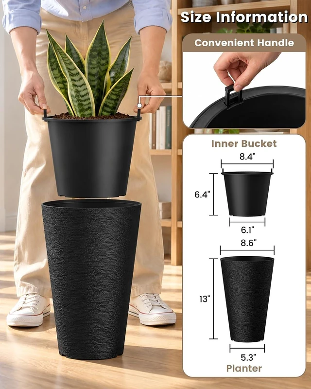 Alt view image 4 of 7 - Kante Set of 2 Black Tapered Planters, 13" Tall with Removable Inner Pots