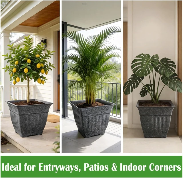 Alt view image 5 of 7 - 4-Pack 18 Inch Large Outdoor Planters, Stone-Like Finish, Gray