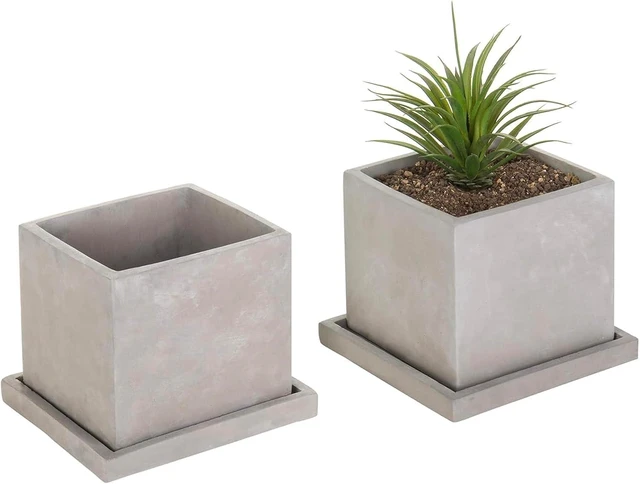 Main image of MyGift 5-Inch Square Gray Cement Plant Pot with Drainage, Small Flower Succulent Planters with Removable Saucer Trays, Set of 2