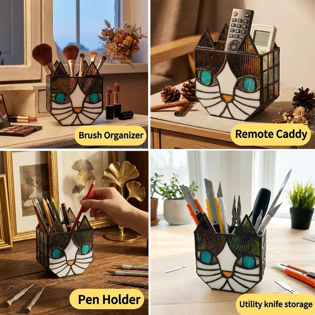 Alt view image 3 of 7 - Tiffany Cute Cat Stained Glass Flower Pots,Indoor and Outdoor Plant Displays,Cat Plant Planter,Candle Holder Container Decoration 4.6 x 5.15 x 2.3 inch(11.7 x 13.1 x 5.8 CM)(Without Succulents)Black