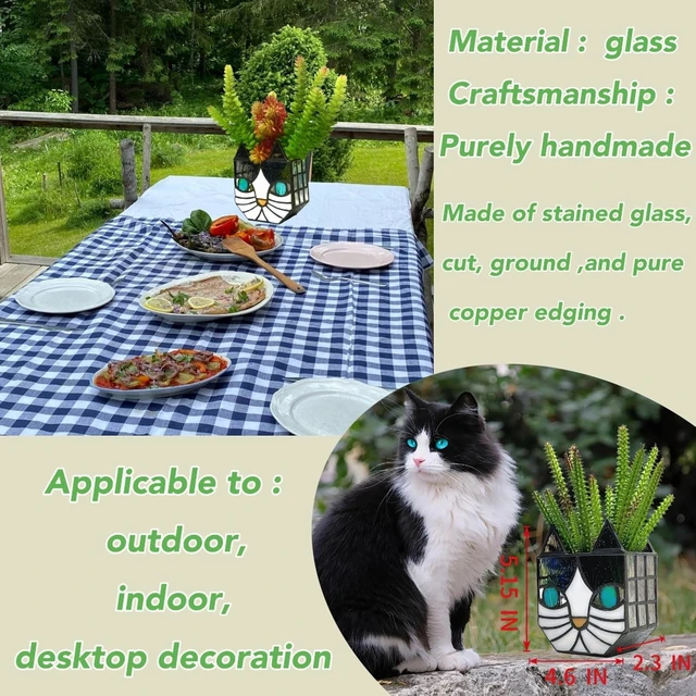 Alt view image 4 of 7 - Tiffany Cute Cat Stained Glass Flower Pots,Indoor and Outdoor Plant Displays,Cat Plant Planter,Candle Holder Container Decoration 4.6 x 5.15 x 2.3 inch(11.7 x 13.1 x 5.8 CM)(Without Succulents)Black