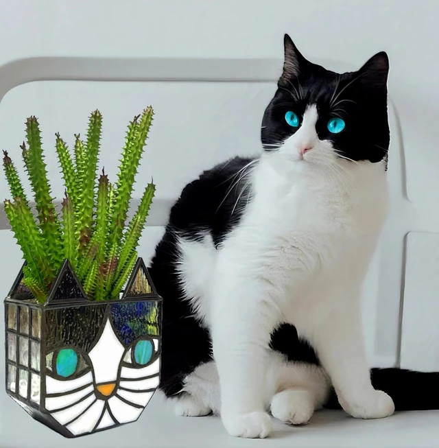 Alt view image 5 of 7 - Tiffany Cute Cat Stained Glass Flower Pots,Indoor and Outdoor Plant Displays,Cat Plant Planter,Candle Holder Container Decoration 4.6 x 5.15 x 2.3 inch(11.7 x 13.1 x 5.8 CM)(Without Succulents)Black