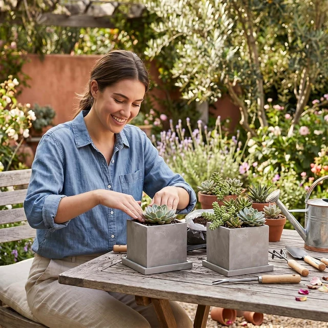 Alt view image 2 of 7 - MyGift 5-Inch Square Gray Cement Plant Pot with Drainage, Small Flower Succulent Planters with Removable Saucer Trays, Set of 2
