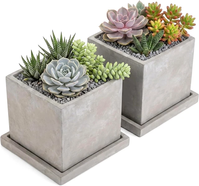 Alt view image 6 of 7 - MyGift 5-Inch Square Gray Cement Plant Pot with Drainage, Small Flower Succulent Planters with Removable Saucer Trays, Set of 2