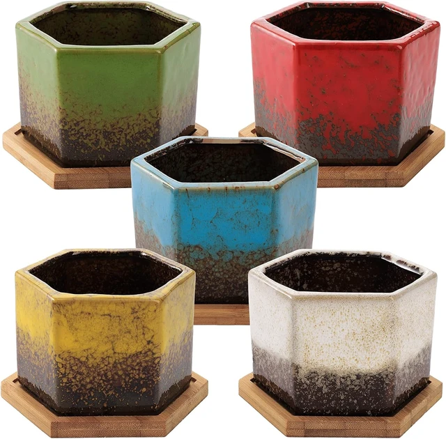 Alt view image 2 of 7 - TOPZEA Set of 5 Succulent Planter Pots, 4.2 Inch Hexagon Glazed Ceramic Small Cactus Pot, Geometric Mini Flower Plant Container with Drainage Hole & Bamboo Tray for Home, Office, Windowsill, Desk