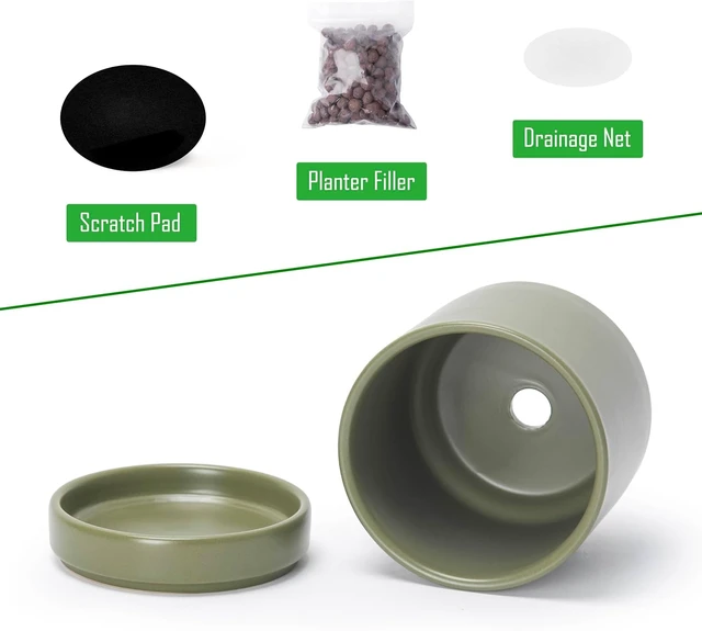 Alt view image 4 of 7 - D'vine Dev 2-Pack Ceramic Pots with Saucers, Olive, 3.5 in, 94-V-A-J