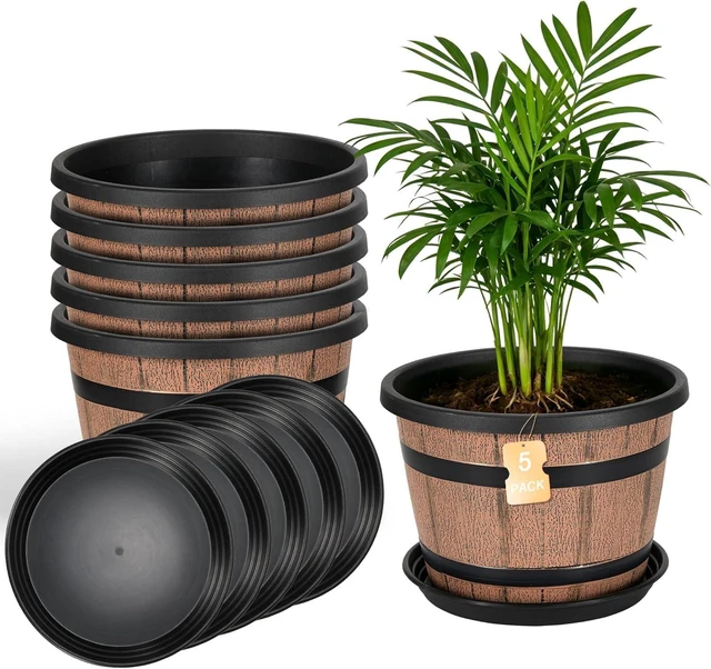 Main image of Whiskey Barrel Planters 12 Inch, 5 Pack Plastic Pots with Wood Design