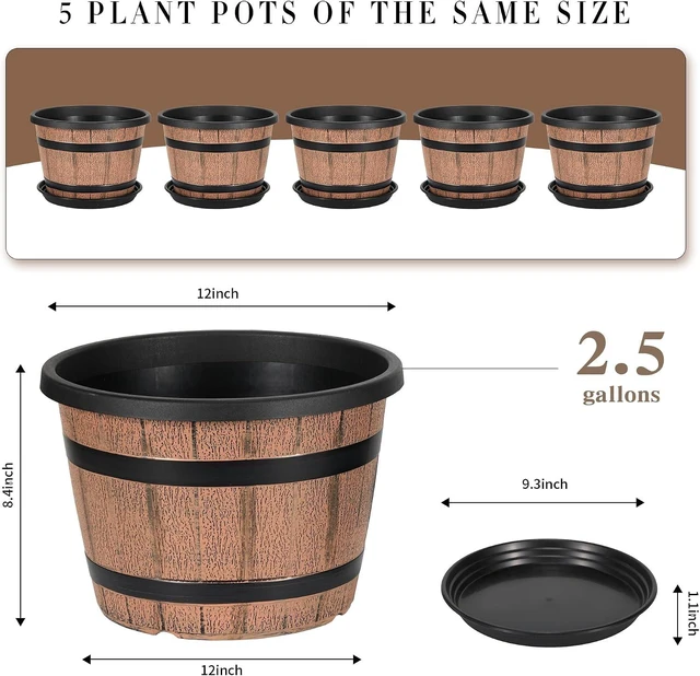 Alt view image 2 of 6 - Whiskey Barrel Planters 12 Inch, 5 Pack Plastic Pots with Wood Design