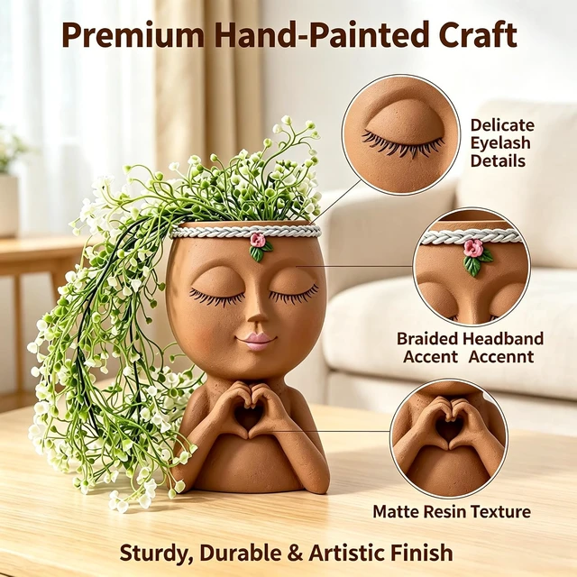 Alt view image 3 of 5 - Face Planter Pot, Cute Resin Head Vase for Succulents Flowers (Brown-Genie)