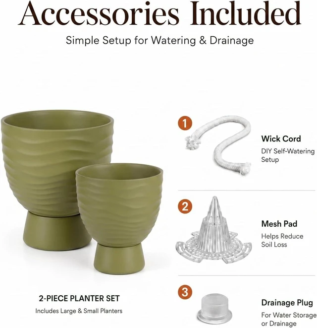 Alt view image 6 of 7 - Green Terracotta Self Watering Plant Pots, 6 and 8 Inch with Saucers