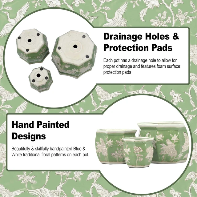 Alt view image 2 of 7 - Galt International Green & White Floral Porcelain Ceramic Decorative Flower Pot 8"/6"/4.5" Garden Pots Chinese Asian Design - Set of 3 Green Fluted