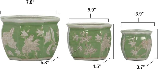 Alt view image 3 of 7 - Galt International Green & White Floral Porcelain Ceramic Decorative Flower Pot 8"/6"/4.5" Garden Pots Chinese Asian Design - Set of 3 Green Fluted
