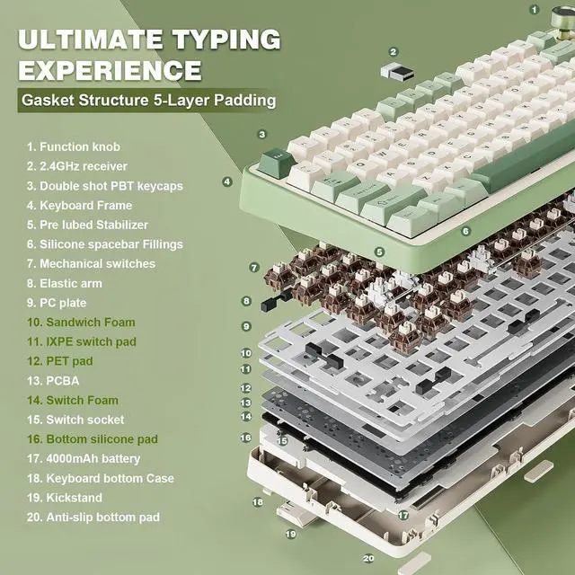 Alt view image 4 of 7 - B75 PRO Wireless Mechanical Keyboard,75% Layout with Knob,Hot Swap Gasket Structure,Creamy Pre-lubed Switches,RGB Backlit,Bluetooth/Type-C/2.4G for Win/Mac (Matcha Green, Cocoa Cream V2 Switch)