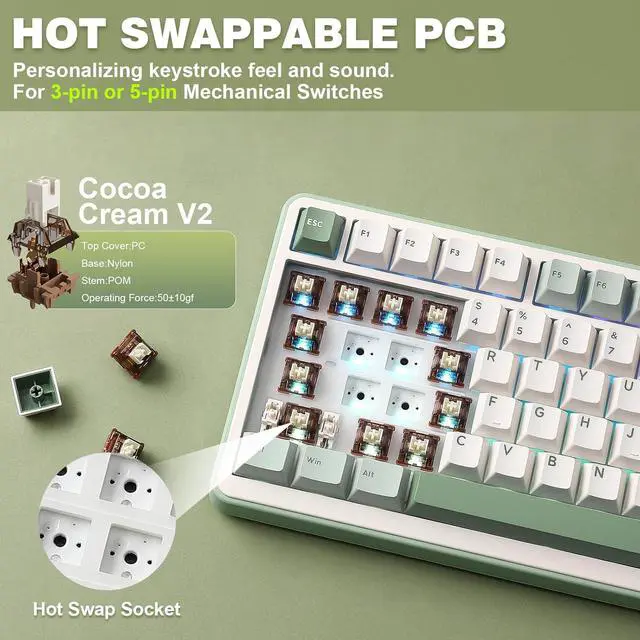 Alt view image 5 of 7 - B75 PRO Wireless Mechanical Keyboard,75% Layout with Knob,Hot Swap Gasket Structure,Creamy Pre-lubed Switches,RGB Backlit,Bluetooth/Type-C/2.4G for Win/Mac (Matcha Green, Cocoa Cream V2 Switch)