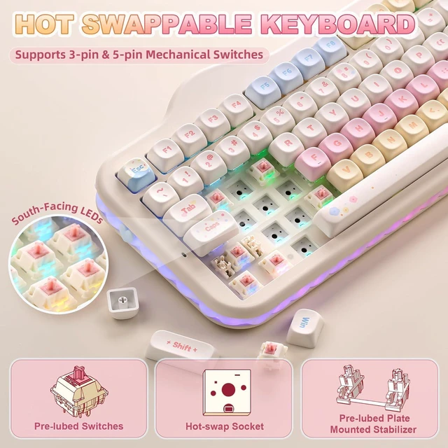 Alt view image 5 of 7 - C98 Cute Cake Wireless Mechanical Keyboard (Beige, Candy Switch)