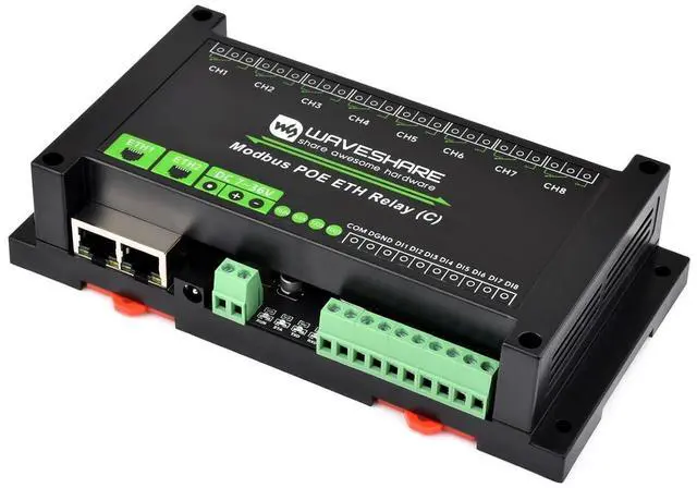 Main image of Dual Ethernet Ports 8-ch Relay Module (C), Modbus RTU Protocol, PoE Power Supply, with Various Isolation and Protection Circuits, Industrial Grade Rail-Mount Case