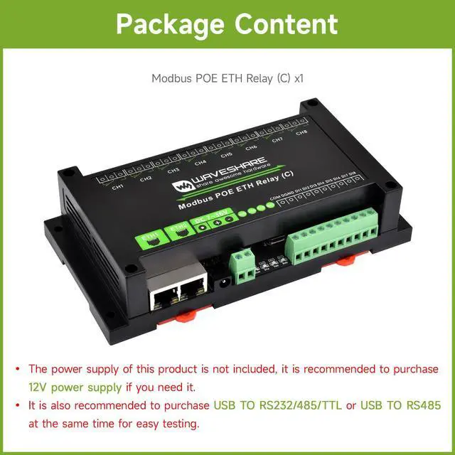 Alt view image 2 of 7 - Dual Ethernet Ports 8-ch Relay Module (C), Modbus RTU Protocol, PoE Power Supply, with Various Isolation and Protection Circuits, Industrial Grade Rail-Mount Case