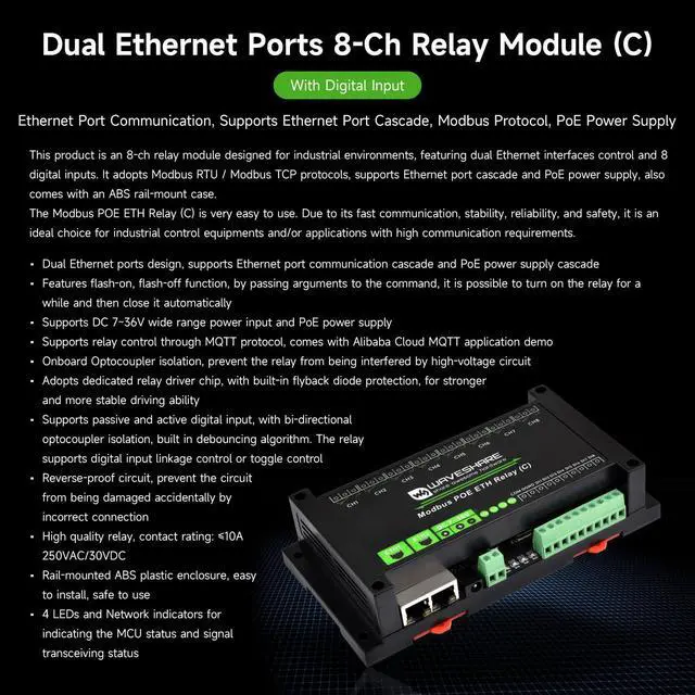 Alt view image 3 of 7 - Dual Ethernet Ports 8-ch Relay Module (C), Modbus RTU Protocol, PoE Power Supply, with Various Isolation and Protection Circuits, Industrial Grade Rail-Mount Case