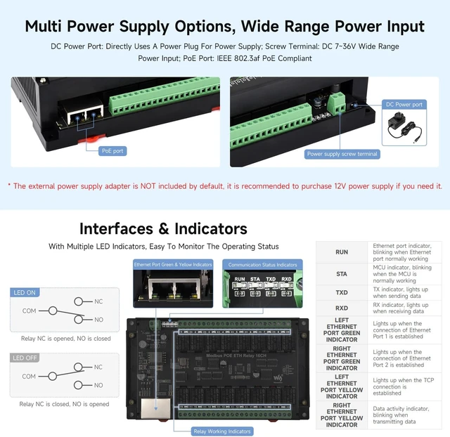Alt view image 5 of 7 - Waveshare 16-Ch Ethernet Module, Modbus RTU/TCP, Ethernet Communication, Support PoE, Various Isolation & Protection Circuits, Industrial Rail-Mount