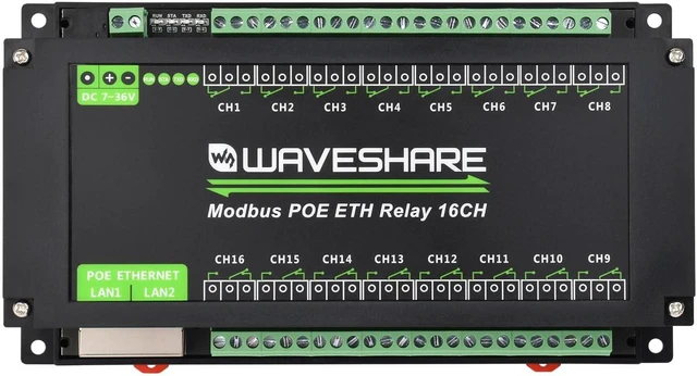 Main image of Waveshare 16-Ch Ethernet Module, Modbus RTU/TCP, Ethernet Communication, Support PoE, Various Isolation & Protection Circuits, Industrial Rail-Mount