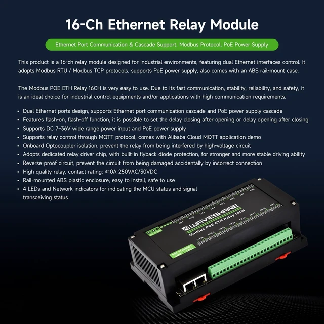 Alt view image 3 of 7 - Waveshare 16-Ch Ethernet Module, Modbus RTU/TCP, Ethernet Communication, Support PoE, Various Isolation & Protection Circuits, Industrial Rail-Mount