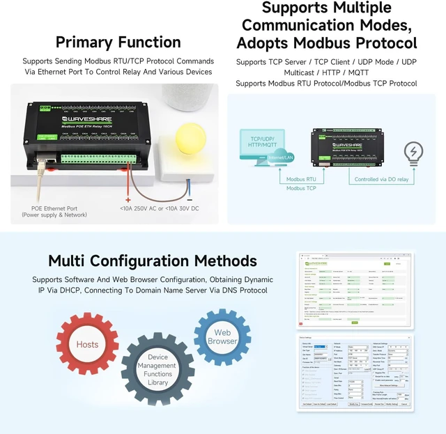 Alt view image 4 of 7 - Waveshare 16-Ch Ethernet Module, Modbus RTU/TCP, Ethernet Communication, Support PoE, Various Isolation & Protection Circuits, Industrial Rail-Mount
