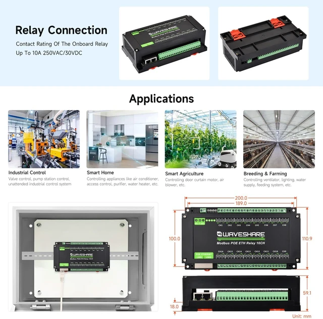 Alt view image 7 of 7 - Waveshare 16-Ch Ethernet Module, Modbus RTU/TCP, Ethernet Communication, Support PoE, Various Isolation & Protection Circuits, Industrial Rail-Mount