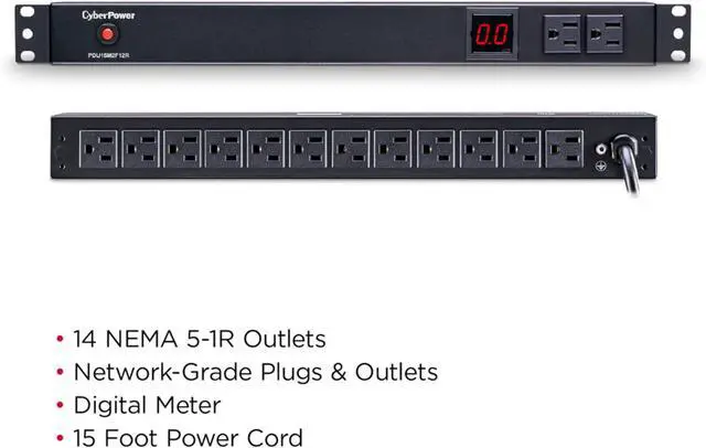 Alt view image 6 of 7 - CyberPower PDU15M2F12R Metered PDU | 100-125V/15A (Derated to 12A), 14 Outlets, 1U Rackmount, 15 Foot Power Cord