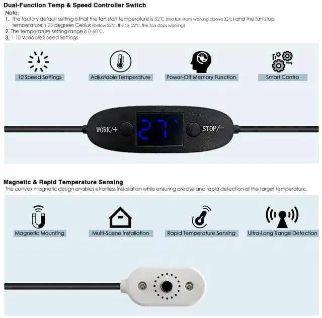 Alt view image 3 of 7 - 6-Inch (120mm) Temperature-Controlled Silent Cooling Fan - USB/DC, 5V/12V Dual Voltage, 10-Speed Adjustable, Ideal for AV Cabinets, Server Racks & Greenhouses