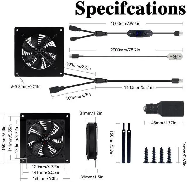 Alt view image 4 of 7 - 6-Inch (120mm) Temperature-Controlled Silent Cooling Fan - USB/DC, 5V/12V Dual Voltage, 10-Speed Adjustable, Ideal for AV Cabinets, Server Racks & Greenhouses