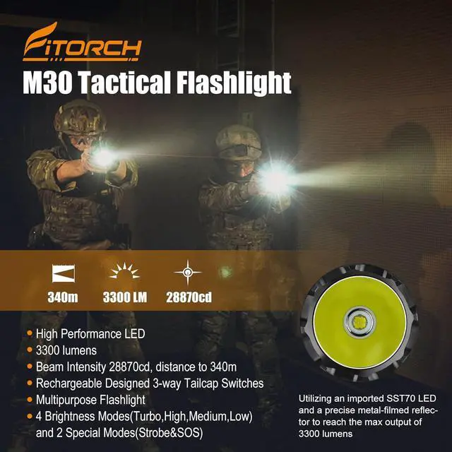 Alt view image 2 of 7 - M30 Tactical Flashlight-3300 High Lumen Duty Belt Flashlight for Law Enforcement,Police EDC Flashlights with Holster Tactical Gear