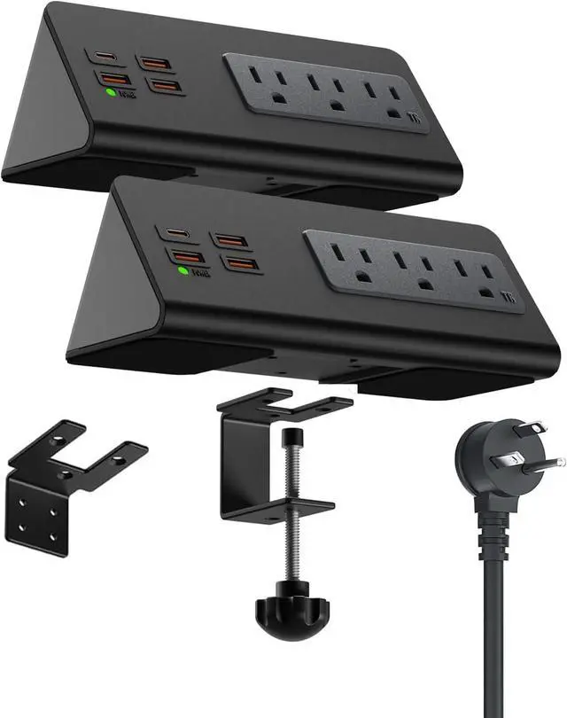 Main image of Desk Clamp Mount Power Charge Station: 3 AC Outlets, 4 USB Ports (USB - C Included), Fast Charging. Perfect for Home Office, Hotel & Dormitory (Black, 2 - Piece Set)