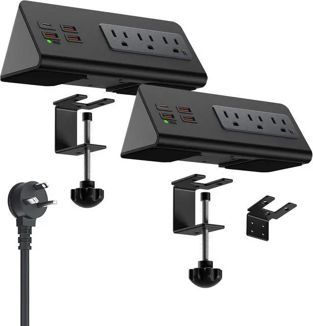 Alt view image 2 of 7 - Desk Clamp Mount Power Charge Station: 3 AC Outlets, 4 USB Ports (USB - C Included), Fast Charging. Perfect for Home Office, Hotel & Dormitory (Black, 2 - Piece Set)