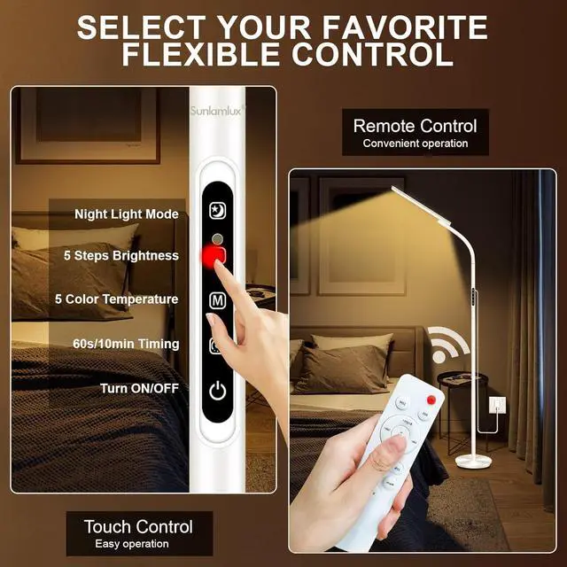 Alt view image 7 of 7 - Light Therapy Lamp,10000 Lux Happy Therapy Light, Floor Sun Therapy Lamp with Remote & Touch Control & Adjustable Gooseneck for Reading/Office/Home