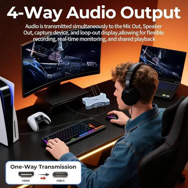 Alt view image 2 of 7 - 4K HDMI Capture Card with Touch LED, Dual in/Loop-Out, USB 3.0, 4K@60Hz/ 2K@144Hz Video Capture, Mic/Line in, 4 Audio Outputs, Efficient Cooling, Streaming and Gaming for Switch2/1