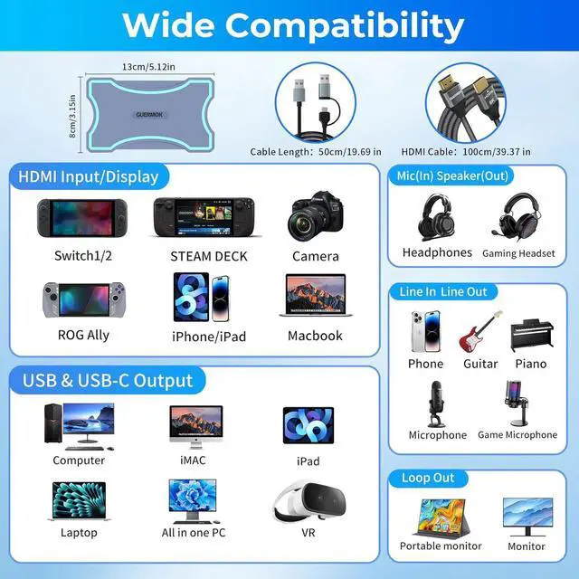 Alt view image 3 of 7 - 4K HDMI Capture Card with Touch LED, Dual in/Loop-Out, USB 3.0, 4K@60Hz/ 2K@144Hz Video Capture, Mic/Line in, 4 Audio Outputs, Efficient Cooling, Streaming and Gaming for Switch2/1