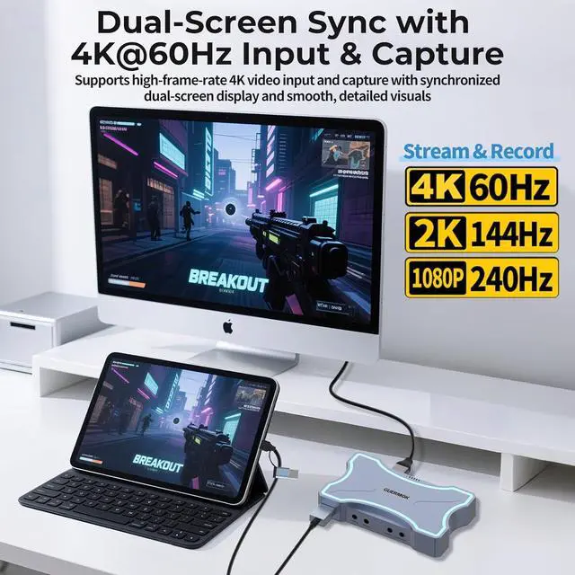 Alt view image 4 of 7 - 4K HDMI Capture Card with Touch LED, Dual in/Loop-Out, USB 3.0, 4K@60Hz/ 2K@144Hz Video Capture, Mic/Line in, 4 Audio Outputs, Efficient Cooling, Streaming and Gaming for Switch2/1