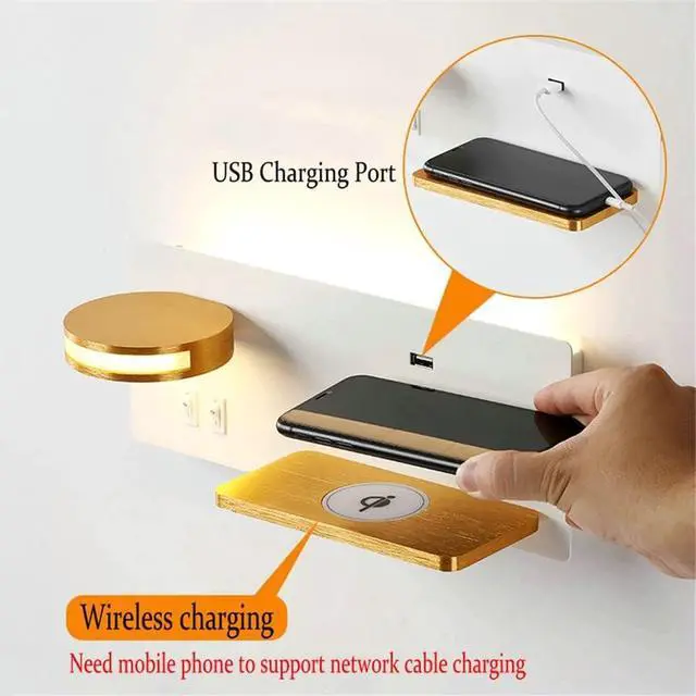 Alt view image 2 of 7 - 11 W LED Indoor Wall Light with 2 Switches, Includes USB Port and Qi Wireless Charger, Warm White 3000 K Bedside Table with 360° Adjustable 5 W Reading Lamp for Bedroom, Living Room,