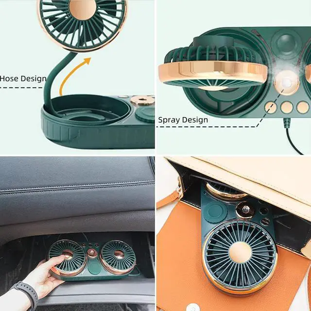Alt view image 4 of 7 - Portable USB Vehicle Fan with Dual Head Car Cooling Fans with USB Plug 360 Degree Rotation Auto Cooling Fan 3 Speed Strong Wind Desk Fan for Home Outdoor Vehicle Desktop,Green