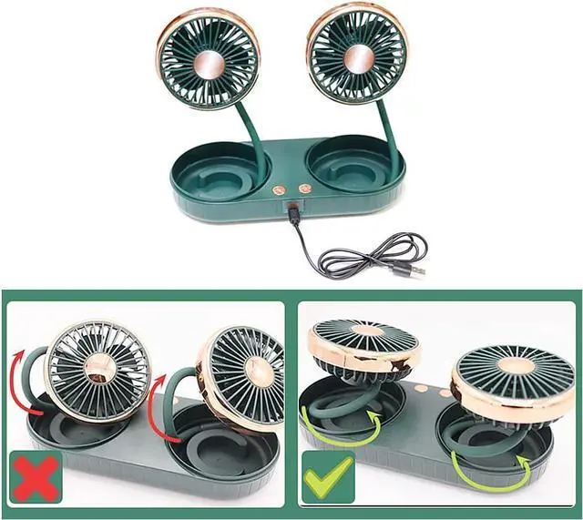 Alt view image 7 of 7 - Portable USB Vehicle Fan with Dual Head Car Cooling Fans with USB Plug 360 Degree Rotation Auto Cooling Fan 3 Speed Strong Wind Desk Fan for Home Outdoor Vehicle Desktop,Green