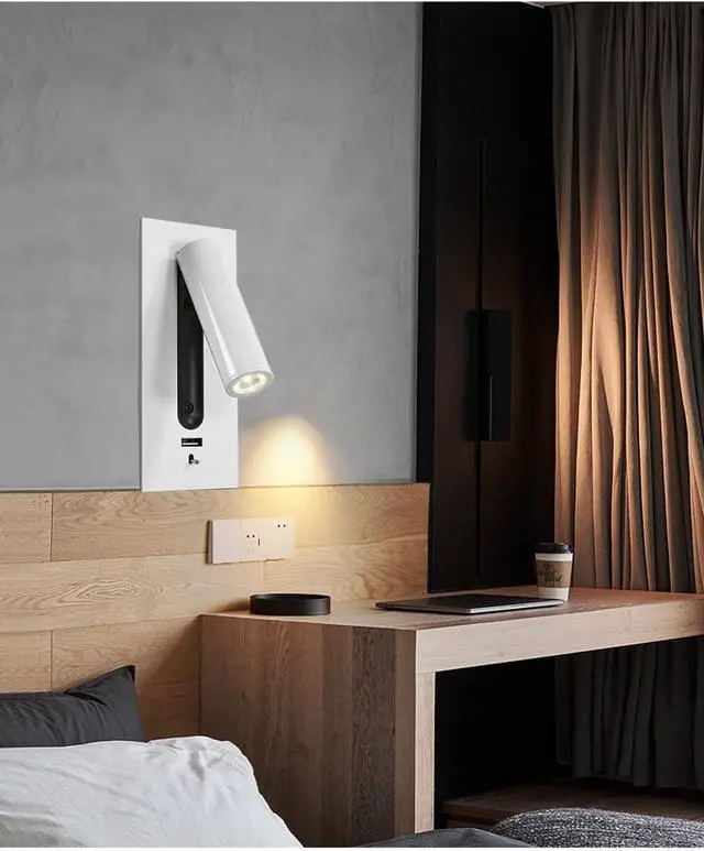 Alt view image 3 of 7 - Modern LED Bedside Reading Lamp Wall Mounted with Switch & USB Port Fast Charging 5V 2.1A 3W Warm White 3000K 350° Adjustable Black Set of 2 Perfect for Bedroom & Living Room (White Set of 2)