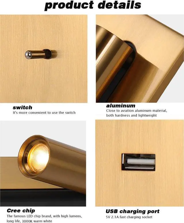 Alt view image 5 of 7 - Modern LED Bedside Reading Lamp Wall Mounted with Switch & USB Port Fast Charging 5V 2.1A 3W Warm White 3000K 350° Adjustable Black Set of 2 Perfect for Bedroom & Living Room (White Set of 2)