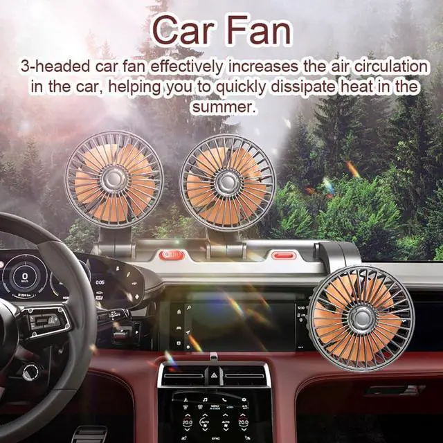 Alt view image 2 of 7 - Electric fan, 3 Heads Car Fan Portable Air Cooling Fan Silent Electric Fan 360° Rotation with 2 Wind Speed Phone Number Display for Car Truck SUV RV Marine Boat