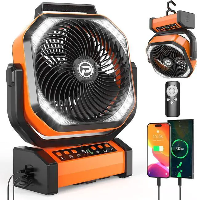 Main image of Camping Fan with LED Lantern, 20000mAh Rechargeable Battery Fan, Max 112Hrs Running,8 Speeds, Digital Display,4 Timer,Auto-Oscillating Table Fan with Remote & Hook for Camping, Power Outage, Hurricane